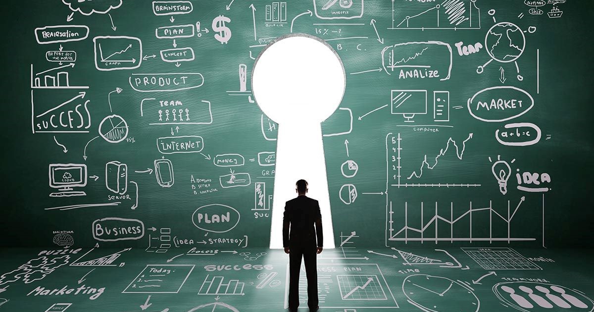 man facing large keyhole business flowcharts background