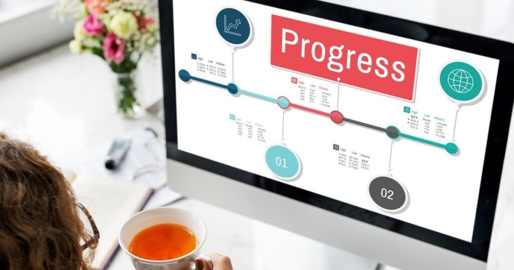 project progress graph on pc monitor viewed by business woman